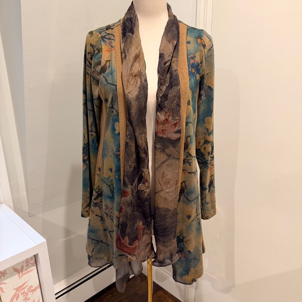 Soft Surroundings Multicolor Floral Bird Open Front Cardigan Layering Piece | M